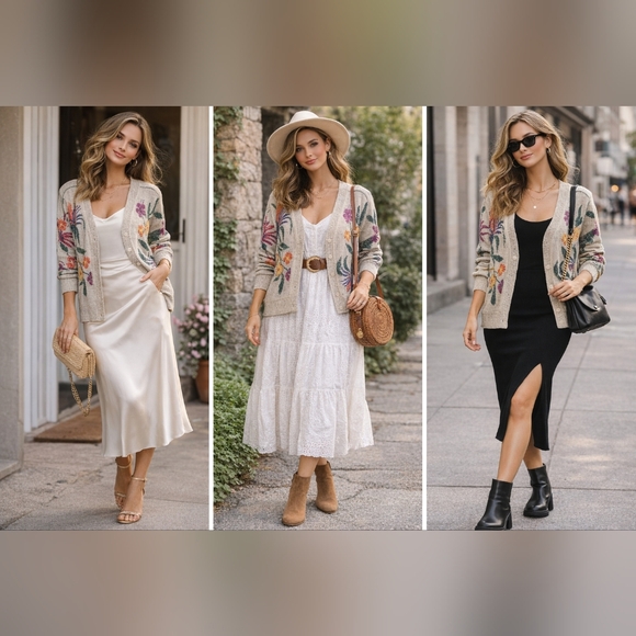 Bogner Sweaters - Bogner Vintage Floral Embroidered Beige Cardigan Soze 6 Cotton/Silk